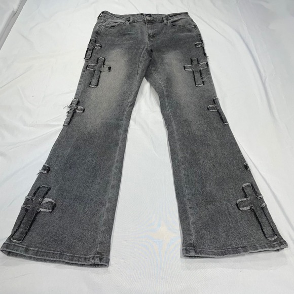 Ashley Mason Denim - Ashley Mason Premium Womens Gray Flare Jeans Cross Patch Distressed Size 9/29
